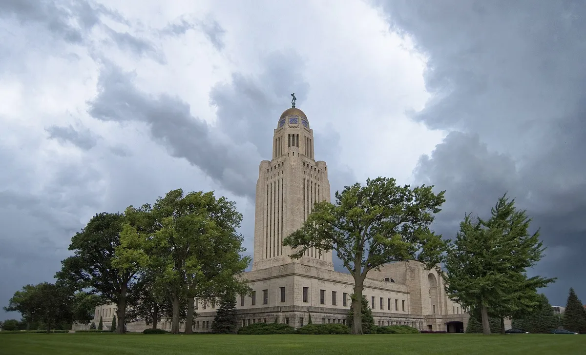 The Nebraska State Capitol tower in Lincoln, Nebraska