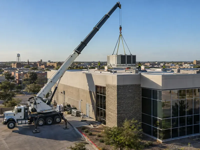 Crane setting a rooftop HVAC unit on a commercial building