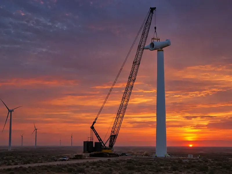 Crane lifting a wind turbine nacelle at sunset